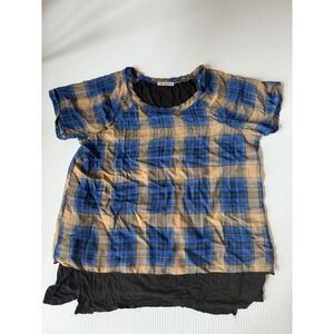 Cha Cha Vente Plaid Tunic Top Layering Piece Blue Tan Short Sleeve PM